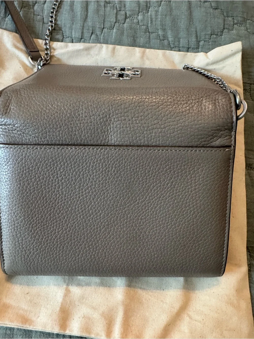 Tory Burch Taupe Pebbled Leather Logo Chain Crossbody
